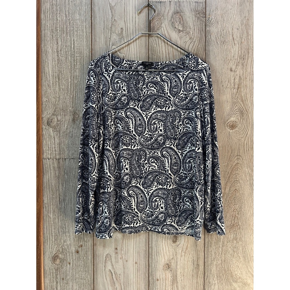 Talbots Woman 1X Navy Blue White Paisley Boat Neck Long Sleeve Top Pullover - Picture 1 of 5